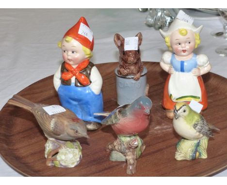 A pair of Goebels figures Dutch boy and girl; 2 Beswick and 1 Royal Worcester birds; a Wade mouse