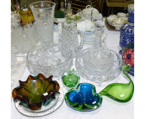A tall cut crystal vase; a decanter; a pair of cut bowls; a selection of 1950's coloured glassware