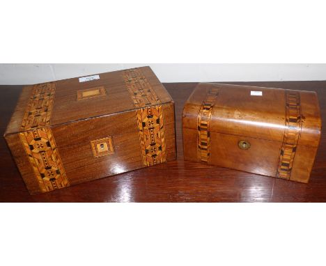 A 19th century Tunbridge and walnut workbox with fitted interior; a similar 2 division tea caddy