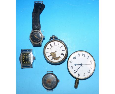 Three gent's vintage watches; a silver pocket watch (a.f.); a French bedside clock