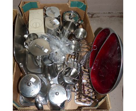 An "Old Hall" stainless steel 5 piece tea/coffee set and tray by Robert Welsh; 2 other Old Hall tea sets; toast racks; other 