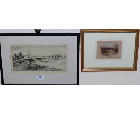 A M Stannard:  watercolour and gouache, vignette of a sunset marshland scene, signed with monogram, 4" x 5", framed and glaze