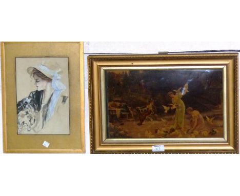 A tinted crystoleum, romantic scene, 9" x 14½", gilt framed; a watercolour of a Gibson girl