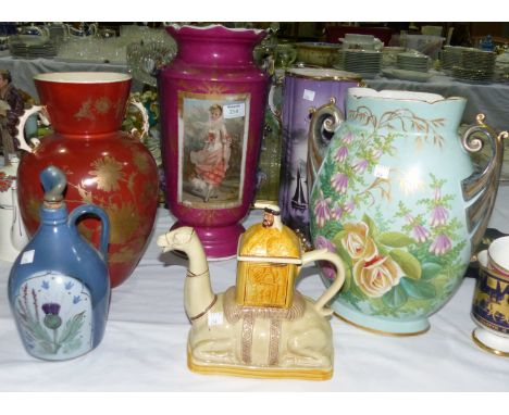 A large Victorian porcelaneous vase decorated with a reserve panel depicting a young woman, height 16" (base a.f.); 3 other V
