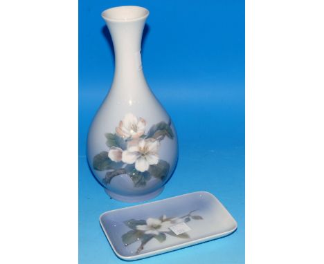 A large Royal Copenhagen vase decorated with white blossom against a light blue ground, height 8½"; a Royal Copenhagen rectan