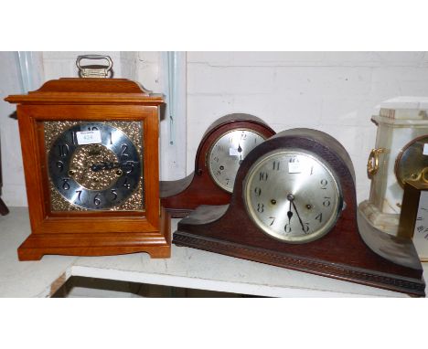 An oak reproduction bracket clock with brass dial and chiming movement; 2 1930's Napoleon hat cased striking mantel clocks