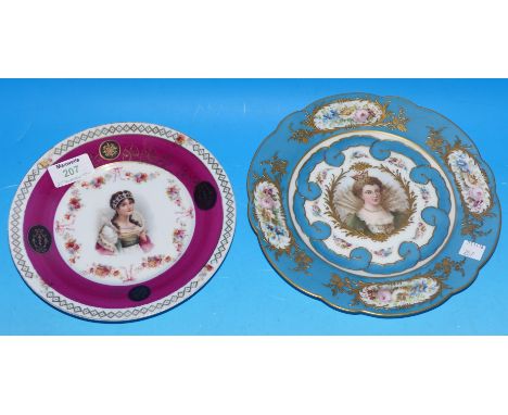 A 19th century Limoges plate with hand painted bust portrait "Marie de Medici", against a turquoise and gilt ground, diameter