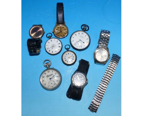 An open faced keyless pocket watch in hallmarked silver case, Northern Goldsmiths Admiralty; 2 silver fobs; other vintage wat