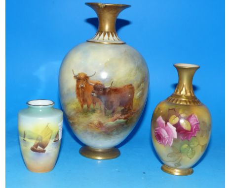 A Royal Worcester vase decorated with highland cattle, by Harry Stinton (rim broken and glued); a Royal Worcester vase decora