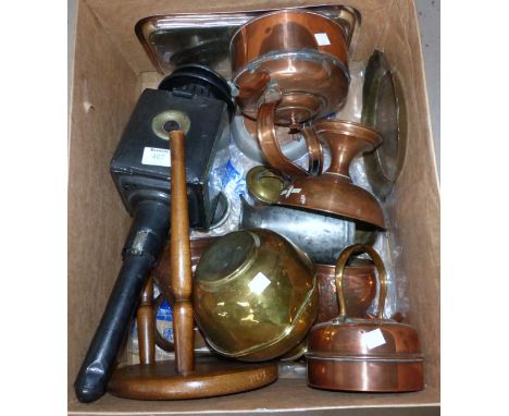 A 19th century carriage lamp; a quantity of copper and brassware