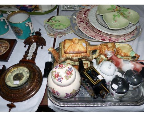 A cottage ware 3 piece tea set; a selection of Carltonware; decorative china and plates; an aneroid barometer in walnut case
