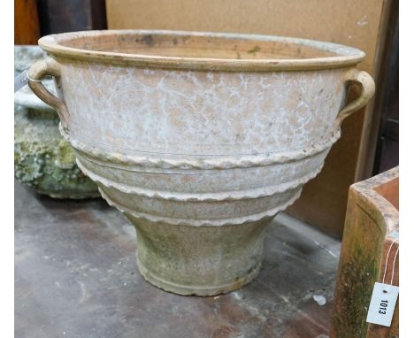 A large Greek style circular terracotta garden planter, diameter 72cm, height 59cm