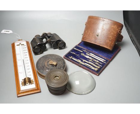 Cased drawing instruments, binoculars, weights, tape etc. including a Negretti and Zambra thermometer