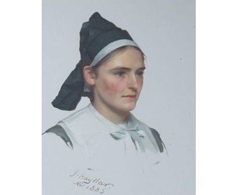 James Hayllar (1829-1920), oil on board, Portrait of a Dutch girl, signed and dated 1885, 25 x 20cm