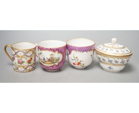 An 18th century Meissen pink ground coffee cup with entwined handle painted on two sides with a figural landscape on a pink g
