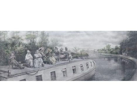 E.L. Henry, lithograph, Figures travelling upon a Victorian canal boat, 34 x 87cm