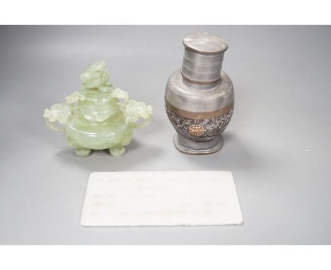 A Chinese bowenite jade censer and cover together with a soapstone tablet and a coconut and pewter tea canister