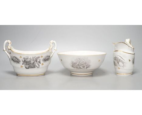 A Barr Flight and Barr cream jug bat printed with baskets of flowers and hell with additional gilded leaves, a matching boat 