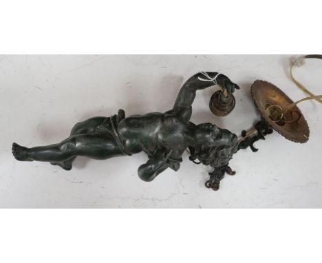 A bronzed spelter putti hanging light