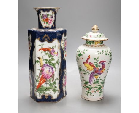 A Japanese polychrome enamelled porcelain vase and cover and a Samson scale blue hexagonal vase, in Worcester style, tallest 