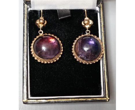 A pair of yellow metal mounted  foil backed cabochon amethyst paste set drop earrings, overall 38mm, gross weight 11.7 rams.