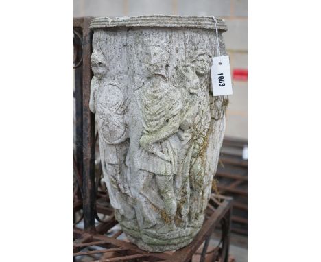An oval reconstituted stone garden planter moulded with classical figures, height 47cm