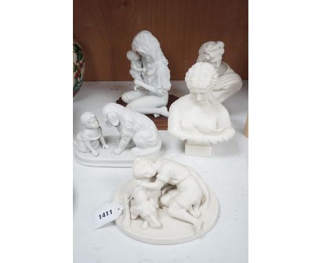Three parian classical busts and three Parian figure groups,tallest mother and child on wooden stand,22cms high.