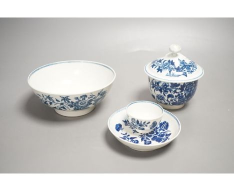 A Worcester sucrier and cover with floral  finial printed in blue underglaze with the  Fence pattern, Worcester toy size teab