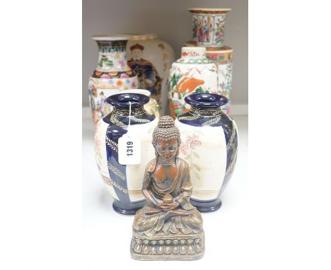 Five Chinese porcelain vases, and three Japanese vases and a resin model of a Buddha, tallest 37cm