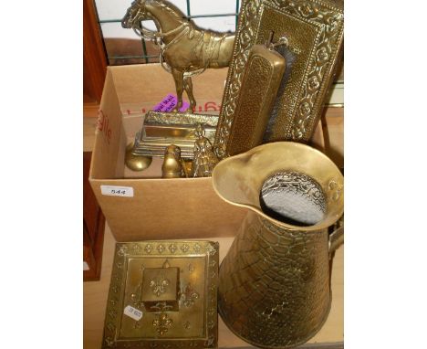 BRASS JUG, INKWELL AND OTHER BRASS ITEMS 
