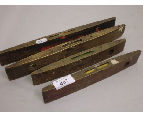 4 VINTAGE WOOD AND BRASS SPRIT LEVELS 