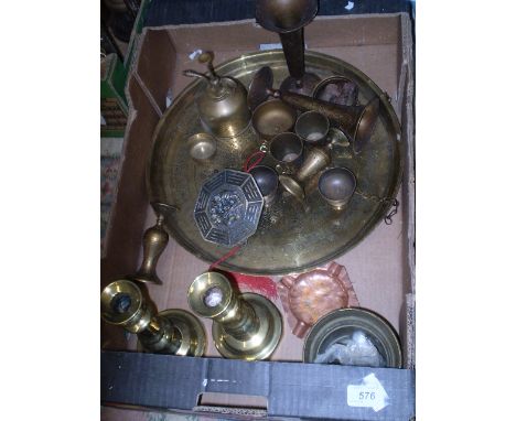 BOX OF MOSTLY BRASS ITEMS INC. TRAY, CANDLESTICK ETC. 