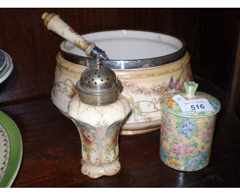 VINTAGE BOWL SUGAR SIFTER AND LIDDED POT SEE PHOTOS FOR MARKERS 