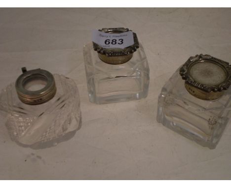 3 GLASS INKWELLS WITH STERLING SILVER LIDS