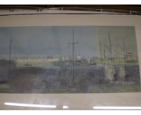 LARGE PRINT OF SAILBOATS IN HARBOUR 106CM X 62CM