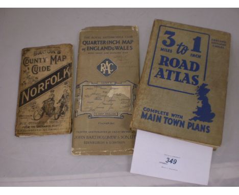 3 VINTAGE MAPS, BACONS COUNTRY MAP GUIDE FOR NORFOLK RAC MAP OF EASTERN AND C-ENGLAND PLUS ONE OTHER ROAD ATLAS 