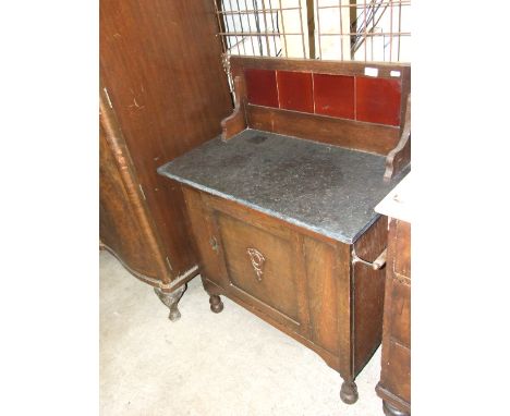 OAK WASHSTAND with BLACK MARBLE TOP & RED TILE BACK30 inches wide