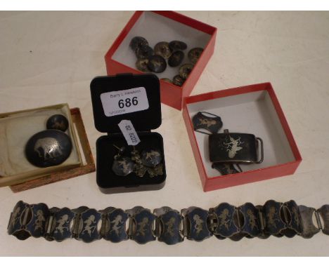 'SIAM' STERLING SILVER BELT, BUTTONS, EARRINGS, BROOCH DEPICTING DEITY LIKE FIGURE
