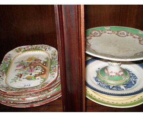 10 PIECES OF CHINA INC 7 SPODE PLATES, MINTONS CHARGER ROYAL WORCHESTER PLATE AND 1 CAKE STAND 