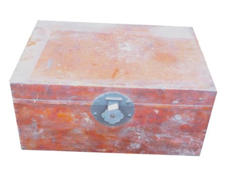 A Chinese brown leather trunk or case, with brass fittings, 76cm wide. This lot is located at Oundle, Near Peterborough, PE8,