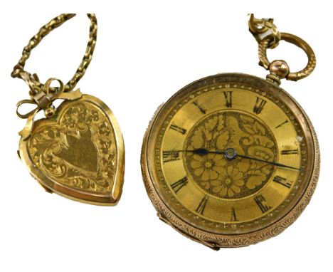 A 20thC fob watch, with 3cm diameter fancy Roman numeric dial, in an engine turned case, with vacant cartouche, marked 9K, at
