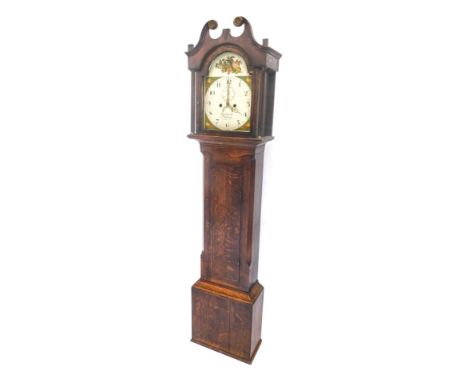 A 19thC longcase clock by Bothamley of Boston, with an arched painted dial decorated with birds, fruit etc. eight day movemen
