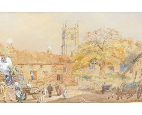 P. K. Marshall (19thC). Figures in a village with church spire in the distance, watercolour, signed and dated 1869, 23cm x 35