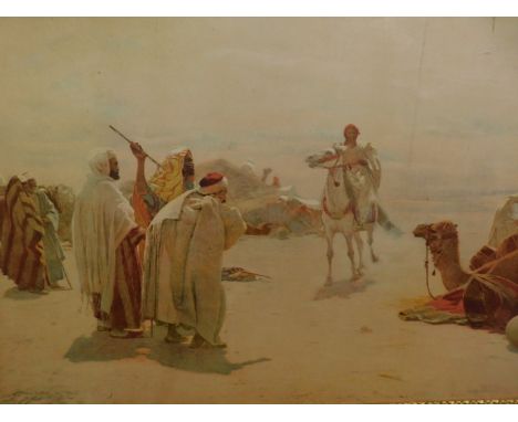 After Pilney. Egyptian scene, figure on horse aside figures and camel, print, 58cm x 81cm.