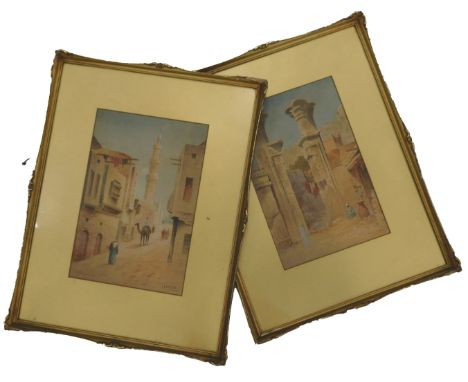 After Norton. Egyptian scene, figures before pillars, print, 31cm x 21cm and another street scene - a pair. (2)