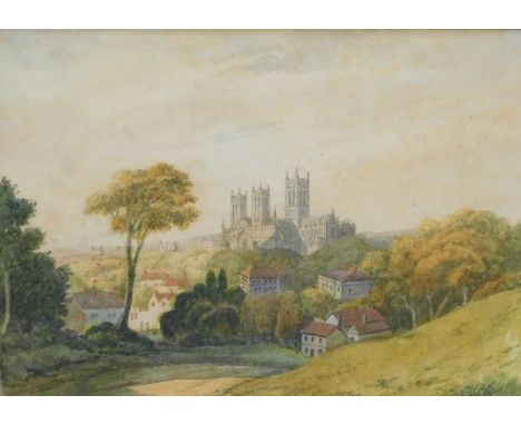 B. R. Cotton (19thC). Lincoln Cathedral in the distance, watercolour, signed, titled and dated 1872, 15cm x 21cm.