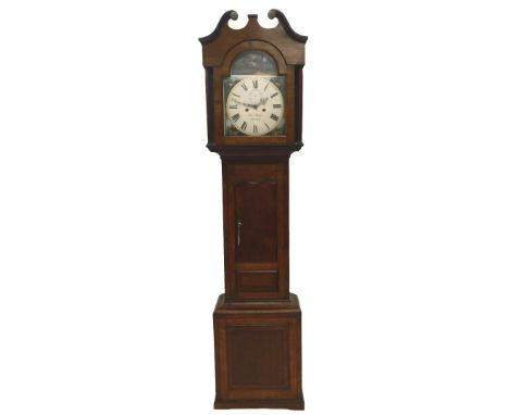 A George III oak and mahogany longcase clock, with swan neck pillared hood, short trunk door, panelled base, on plinth, with 