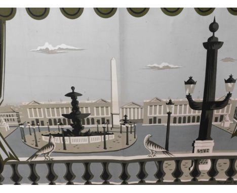 20thC School. Doves before monument, material print, unsigned, 106cm x 156cm. 