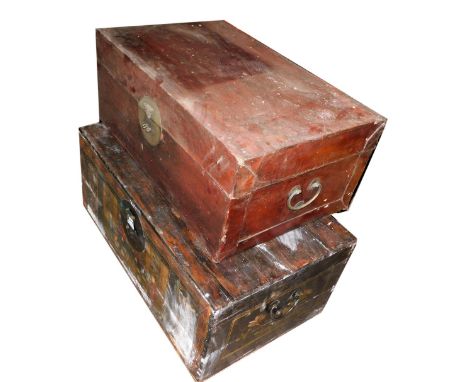 A Chinese Japanned wooden trunk, decorated with figures, and with side handles, 83cm wide, and a brown canvas trunk, 74.5cm w