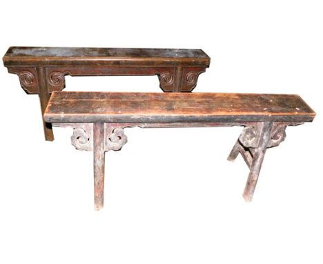 A late 19th/early 20thC Chinese elm bench, with channelled supports, shaped brackets and another similar, 104cm wide. This lo